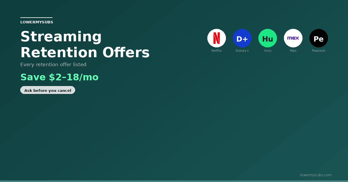 Streaming service logos with discount tags, streaming retention offers guide
